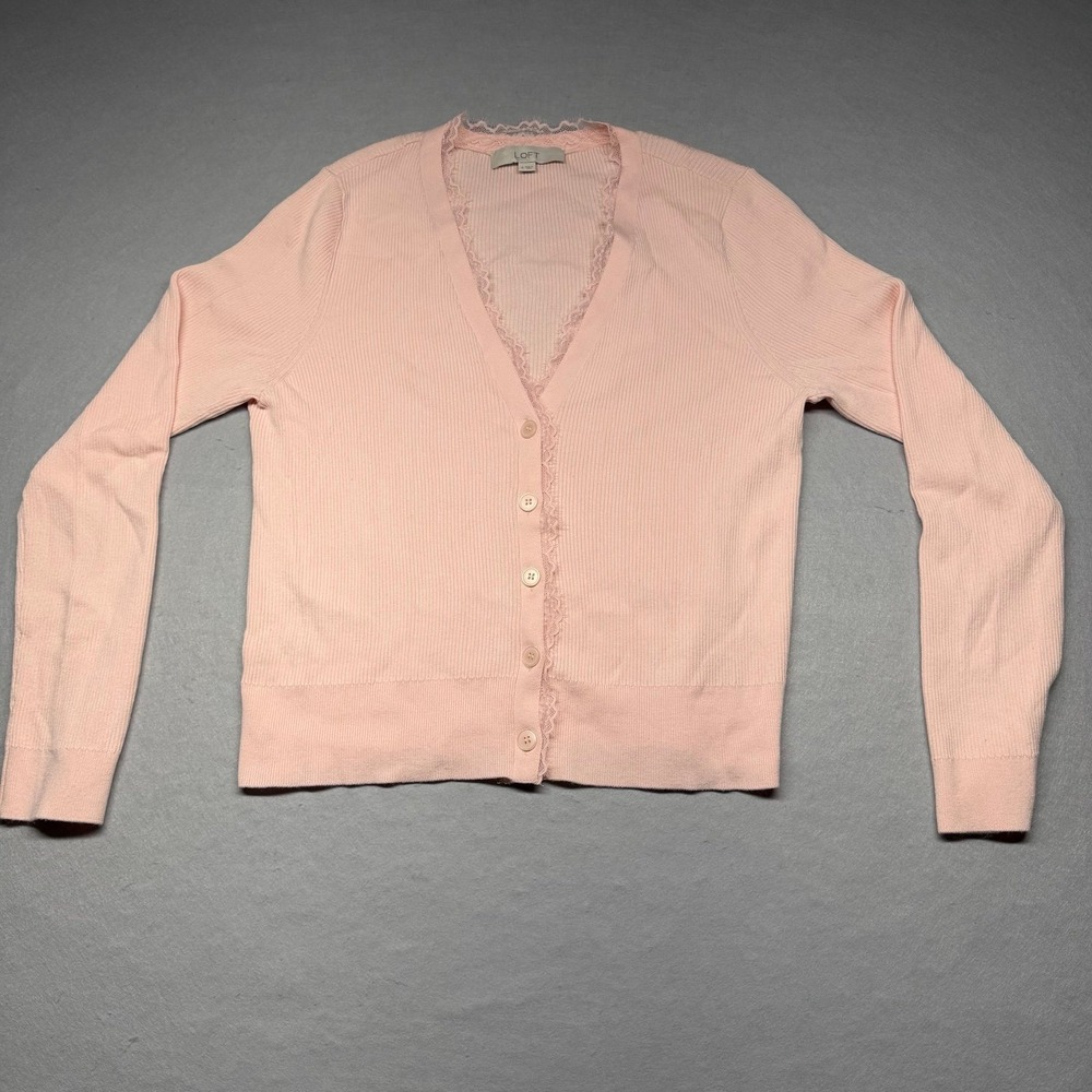 LOFT Women's Ribbed Knit Lace Cardigan Sweater – Pink – Long Sleeve – Size Small